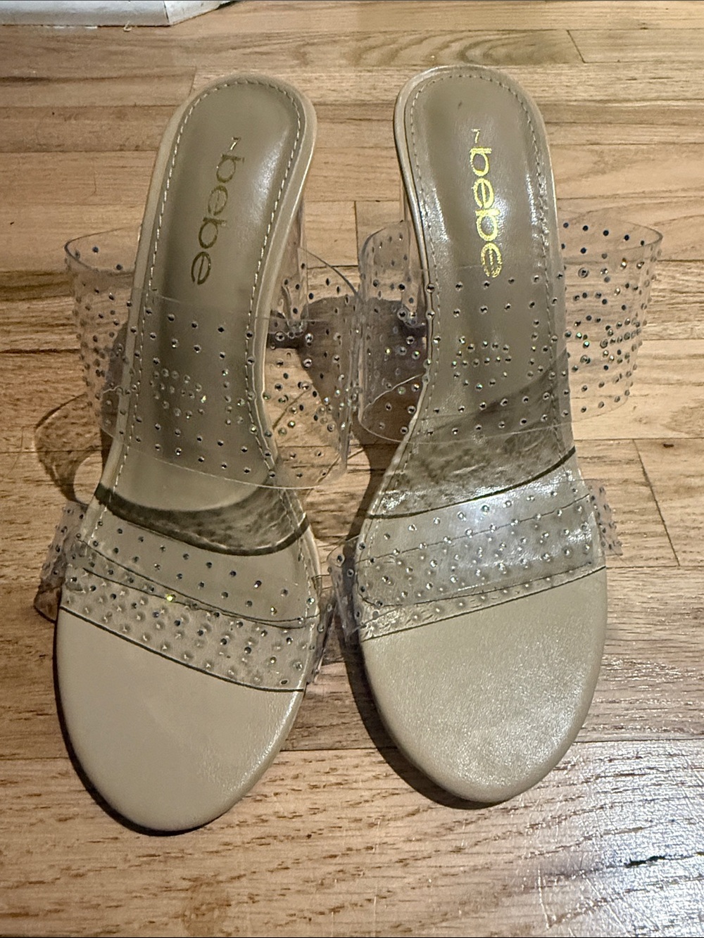 bebe Nude Clear Rhinestone Slide Heels